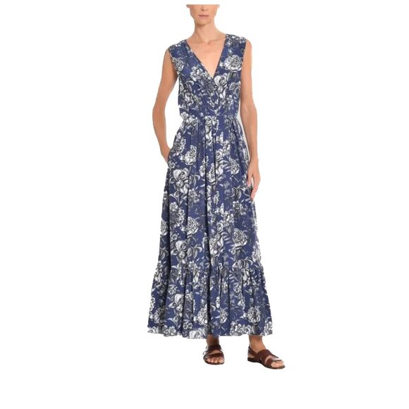 Adam Lippes Floral V-Neck Maxi Dress / Blue, Black & Gray Floral (Sz M / US 6-8) - Picture 1 of 15